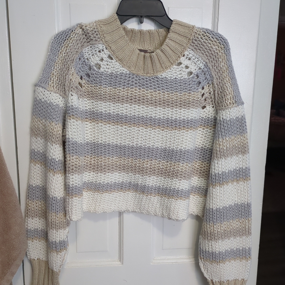 NEW Free People Devon Stripe Crop Sweater In Gray, Small